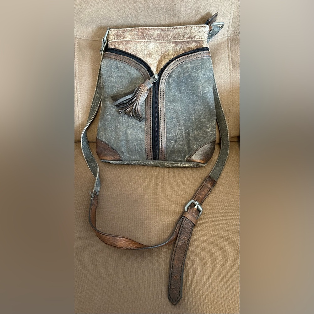 Mona B. Crossbody Zipper With A Tassel Leather Sling Purse Distressed Canvas